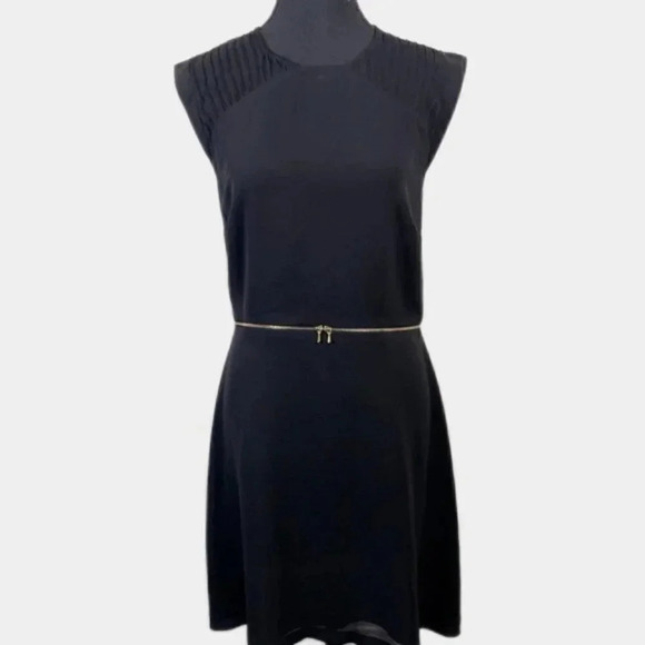 Sandro Paris Fit And Flare Gold Tone Waist Chiffon Black  Dress - Picture 1 of 16